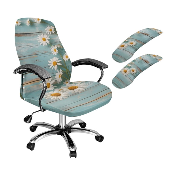 HELLHERO Daisy Old Wooden Print Office Chair Cover Set, Stretchable Protective Office Chair Seat Protector with Armrest Cover, Comfort Computer Desk Chairs Covers, Blue