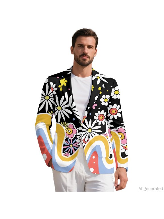 Daisy Pattern Mens Blazer Slim Fit One Button Front Suit Jacket, Regular Fit Single Button Suit Jacket Lightweight Polyester Casual Suits for Men for Summer
