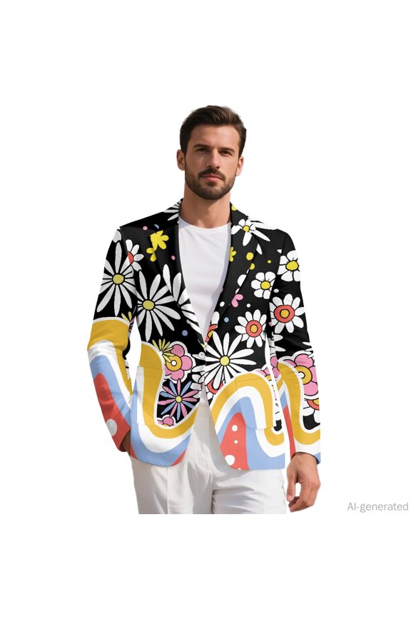 Daisy Pattern Mens Blazer Slim Fit One Button Front Suit Jacket, Regular Fit Single Button Suit Jacket Lightweight Polyester Casual Suits for Men for Summer