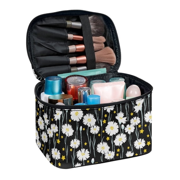 HELLHERO Daisy Pattern Portable Toiletry Cosmetic Travel Bag Travel Portable Make Up Case Organizer Handheld Portable for Woman