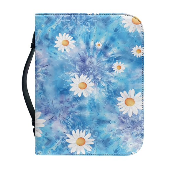 HELLHERO Daisy Print Bible Covers, Large Capacity PU Leather Church Bible Bag with Zippered Pockets, Portable Hand Bag for Church Work