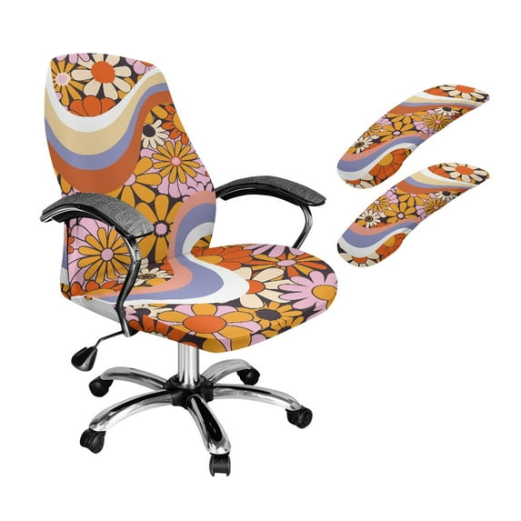 HELLHERO Daisy Print Office Chair Cover Set, Universal Stretch Desk Chair Cover with Armrest Protector, Computer Chairs Slipcover with Elastic Band, Orange
