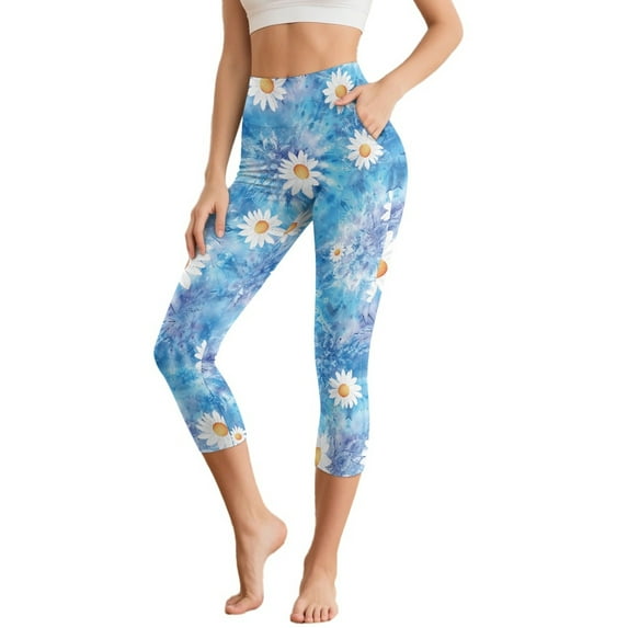 HELLHERO Daisy Printed Capri Leggings for Women Tummy Control Yoga Pants Athletic Yoga Leggings for Gym Sports, XL