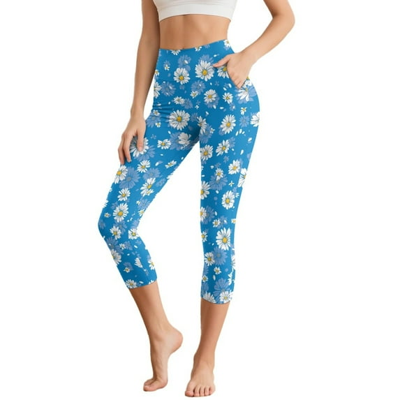 HELLHERO Daisy Printed Yoga Leggings for Women High Waisted Capri Leggings Athletic Yoga Pants with Pockets, S