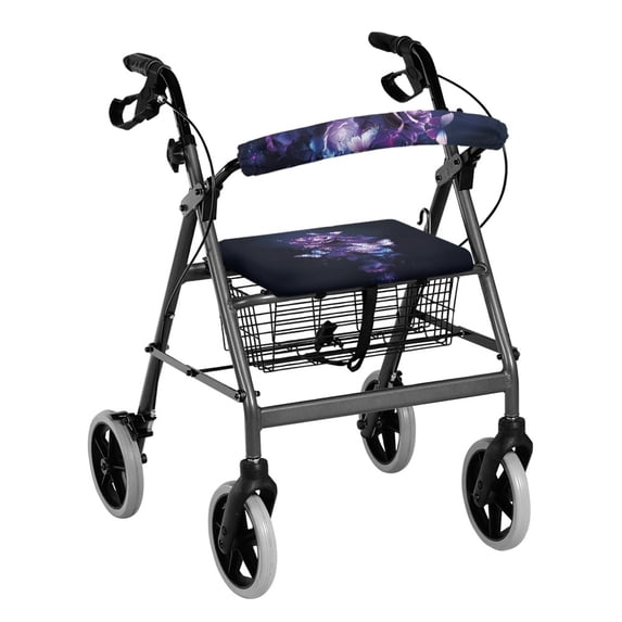 HELLHERO Dark Blue and Purple Rose Rollator Walker Seat and Backrest Rollbar Covers Set Backrest Covers Breathable Reusable Easy to Install for Seniors