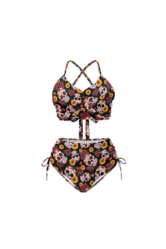 Day of the Dead Skull Floral 2-Piece High Waisted Bikini Halter Neck with Drawstring Sides Sexy Trendy Swimwear for Beach Vacation