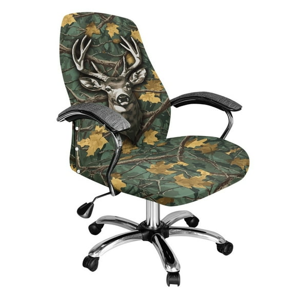 HELLHERO Deer Maple Leaf Print Office Chair Cover Removable Anti-dust Rotating Office Seat Slipcover Washable High Back Computer Seat Protector for Pets