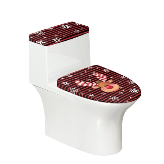 HELLHERO Deer Satripes Toilet Lid Seat Cover Set & Bathroom Toilet Cover Set with Elastic Edge Polyester for Machine Washable, Easy to Install