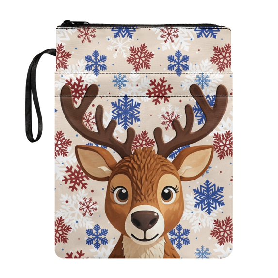 HELLHERO Deer and Snowflake Pattern 1pcs Vintage Book Cover with Handle Zipper Polyester Fabric Storage & Portability for Librarian Hardcover Notebook