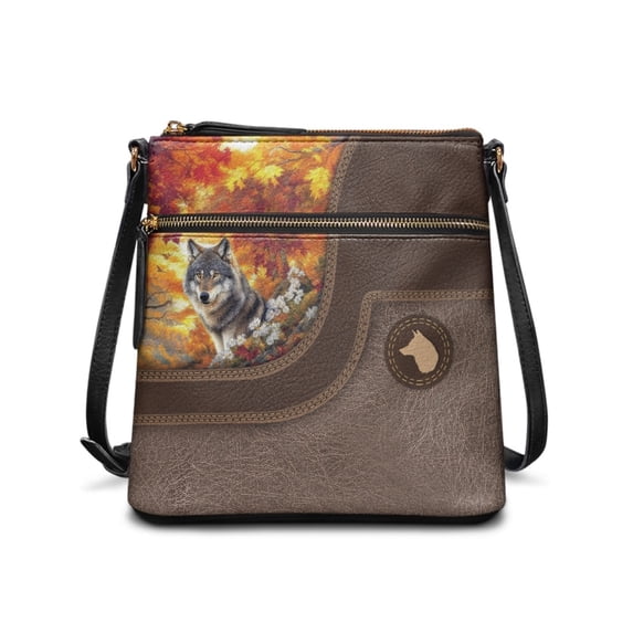 HELLHERO Delicate UV Texture Women's Crossbody Shoulder Bag for Dating Travel Everyday, PU Leather Stylish Lightweight PU Leather Crossbody Shoulder Purse, Gray Wolf Autumn Forest