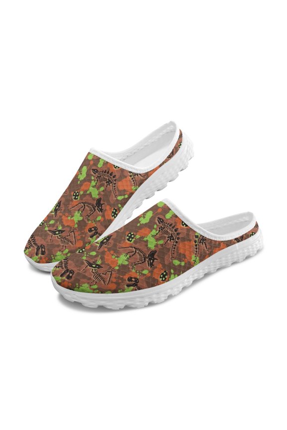 Dino Skeleton Camo Pattern Mesh Slip On Clogs with Breathable, Comfortable Quick Dry Mesh Slip On Shoes for Gym Indoor Summer