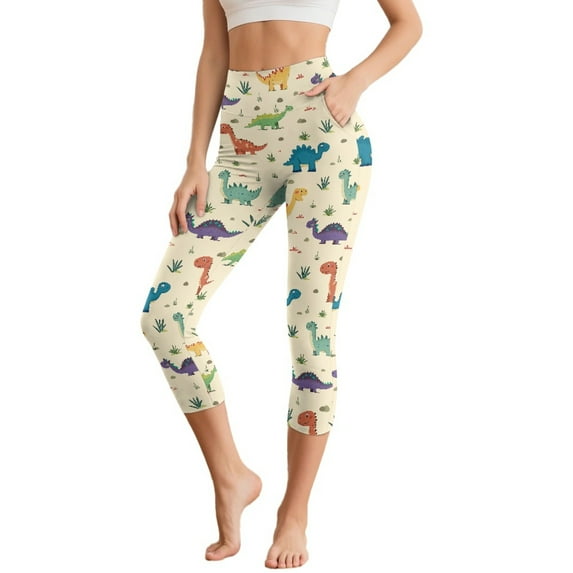 HELLHERO Dinosaur Printed Capri Leggings for Women Tummy Control Yoga Pants Breathable Workout Leggings for Sports Gym, 3XL