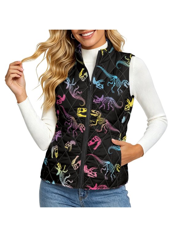 Dinosaur Skeleton Design Quilted jacket vest for Women Zip Up with Flattering Fit Polyester Women's quilted jacket vest for Winter Hiking