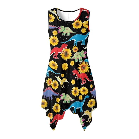 HELLHERO Dinosaur Sunflower Pattern Summer Dresses for Vacation Party, Irregular Hem Side Pockets Sleeveless Sundress