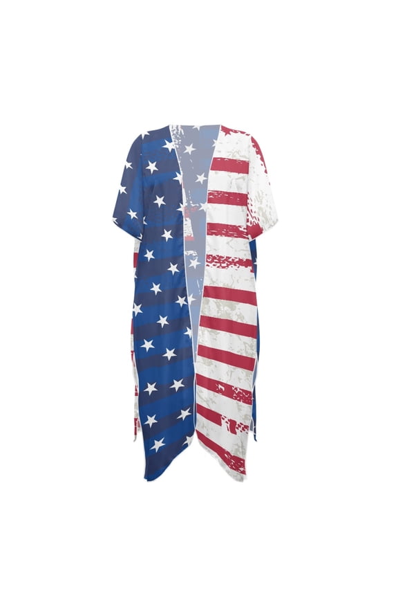 Distressed American Flag Kimono Cover Up - Lightweight Breathable Beachwear for Summer Vacation, Pool & Resort - Women's Loose Fit Swimsuit Coverup