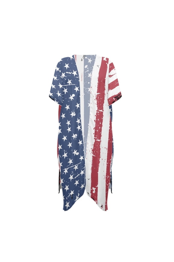 Distressed American Flag Kimono Cover Up - Lightweight Loose Beach Cardigan | Patriotic Swimwear Cover for Summer Vacation, Pool & Beach Trips