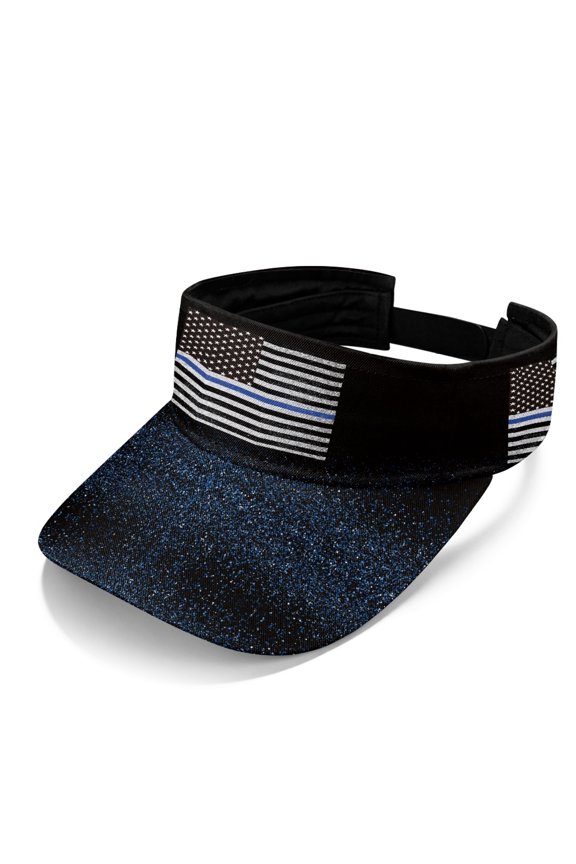 Distressed Thin Blue Line American Flag Pattern UV Blocking Sun Visor Hat for Golf Running, Sun Protection Adjustable Open Top Visors