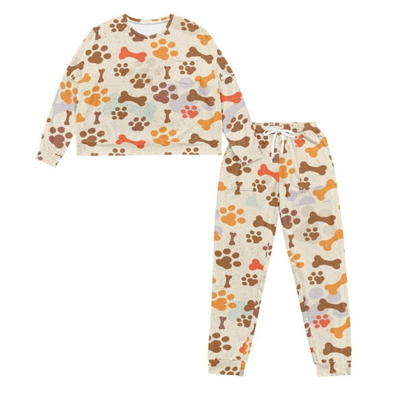 HELLHERO Dog Paw Printed Women's Pajama Sets Bone Printed Sleepwear Crewneck Loungewear Long Sleeve Tops Jogger Pants Pajama Sets, L