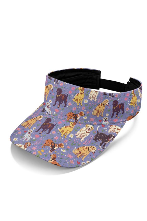 Dog and Floral Pattern Sun Visor Hat for Men, Polyester Fabric UV Protected Breathable Sun Visor Cap for Beach Running Golf