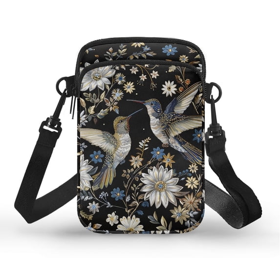 HELLHERO Double Deck Travel Crossbody Purse for Adult, Daily Use, Blue-Gold Hummingbirds and Florals