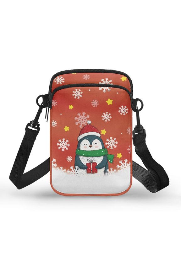 Double Zipper Crossbody Bag for Adult Casual Use Women Shoulder Bag Polyester 4.33x1.97x7.09 Penguin Snowflake
