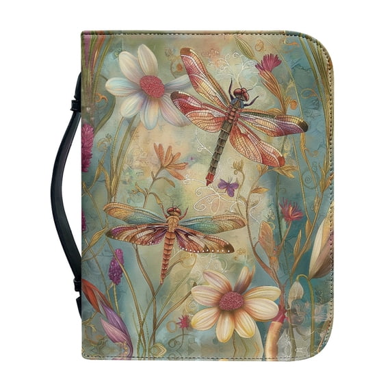 HELLHERO Dragonflies Floral Scene Bible Cover, Pen Holder PU Leather Bible Covers for Outdoor Church, Zipper Church Bible Bag