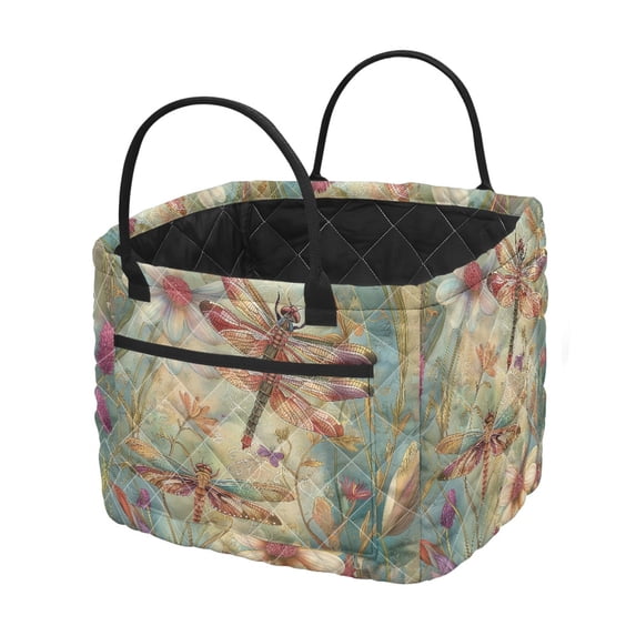 HELLHERO Dragonflies Floral Scene Collapsible Quilted Laundry Basket for Clothes Organization, Polyester Foldable Storage Bins for Bathroom Nursery