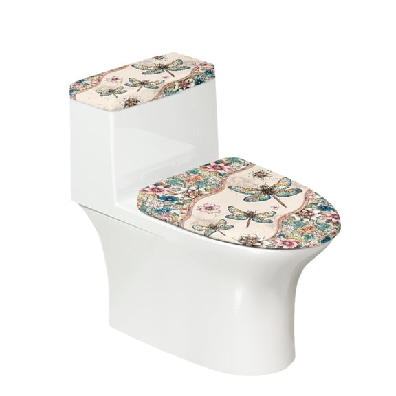 HELLHERO Dragonfly and Floral Pattern Polyester Toilet Seat Lid Cover Set for Indoor Home, Elastic Bottom Easy Care Elastic Installation, Non-Slip, U-Shaped