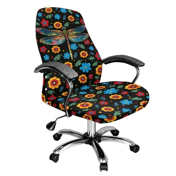 HELLHERO Dragonfly Flower Print Computer Office Chair Protector, Dustproof High Back Office Chair Cover, Elastic Spandex Gaming Chairs Cover