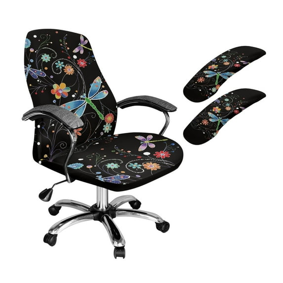 HELLHERO Dragonfly Flower Print Office Chair Cover Set, Anti-dust Removable Office Chair Cover with Armrest Covers, Stretchable Swivel Chairs Slipcovers
