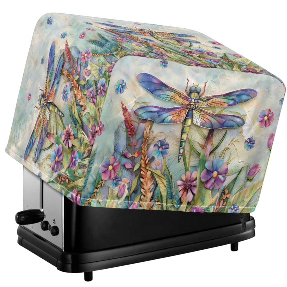 HELLHERO Dragonfly Flowers Print Toaster Cover for 4 Slice, Stain-Resistant Kitchen Appliance Protector, Washable Waterproof Bread Machine Cover
