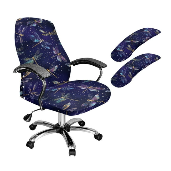 HELLHERO Dragonfly Print Office Chair Cover with Armrest Covers, Anti Scratch Computer Chair Slipcovers, Office Cushion Backrest Cover for Rotating Chairs, Purple