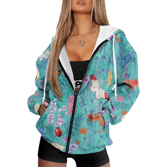 HELLHERO Drawstring Hood Zip Up Jacket for Fall Daily Life, Wildflowers and Insects Theme Polyester Fabric with Pockets Active Hoodie