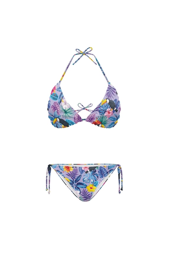 Drawstring Two Piece Bathing Suit Toucan Print Plus Size Design Quick Drying Fashion Plus Size Swimsuit