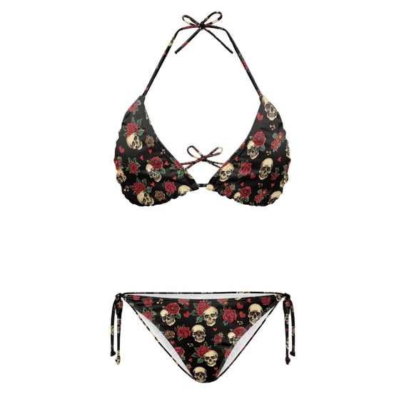 HELLHERO Drawstring Women Swimsuits for Vacation Spandex Plus Size Design Swimsuits for Women Two Piece Skull and Rose Pattern