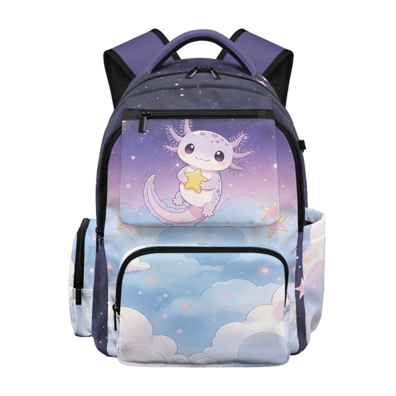 HELLHERO Durable Book Bag for Daily Travel School, 600D Polyester Lightweight School Bag, Cartoon Axolotl with Star & Cloudy Galaxy Pattern