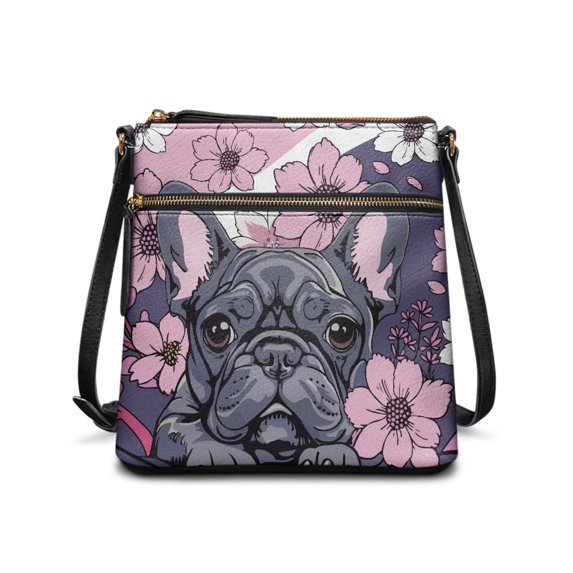 HELLHERO Durable Purse Satchel for Daily Life Work Commuter, PU Leather Waterproof Material Smooth Zipper Sling Bag, French Bulldog Cherry Blossom