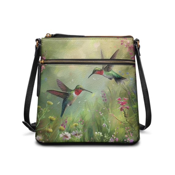 HELLHERO Durable Satchel Bag for Travel Shopping Daily Use, PU Material Waterproof Spacious Crossbody Bag, Hummingbird Wild Garden