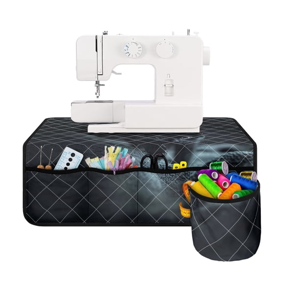 HELLHERO Durable Sewing Machine Mat with Storage Cylinder Protective Mat Store Bobbins Thread Small Scissors Sewing Machine Organizer Mat for Family Mom Wife, Fall Black Cat Pattern