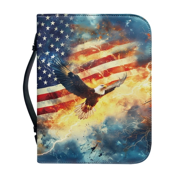 HELLHERO Eagle USA Flag Bible Cover, Zipper Pocket PU Leather Bible Bag for Church Daily Work, Multi-Pockets Church Bible Bag