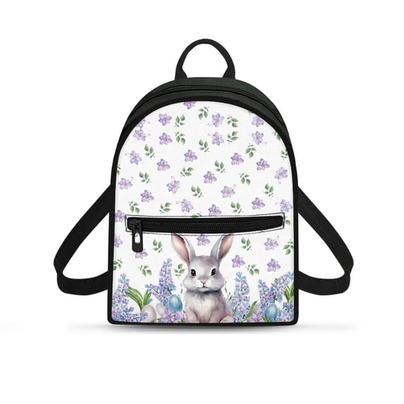 HELLHERO Easter Bunny Floral Pattern Lightweight Travel Backpack Front Pocket Purse Backpack for Shopping Hiking, Polyester Easy to Carry Mini Backpack