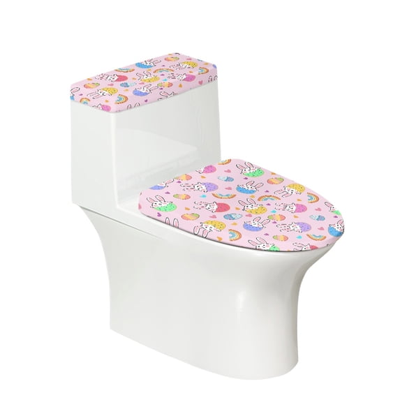 HELLHERO Easter Bunny Peeking from Egg Toilet Seat Lid Cover Set Elastic Edge & Washable Lid Cover Set for Toilet Reusable 2 Pieces