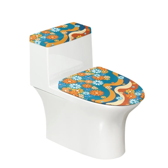 HELLHERO Elastic Bottom Toilet Seat Lid Cover Set & Stretchy Fabric Stretch Soft with 2 Piece Set Toilet Seat Protector, Ocean Blooms & Waves