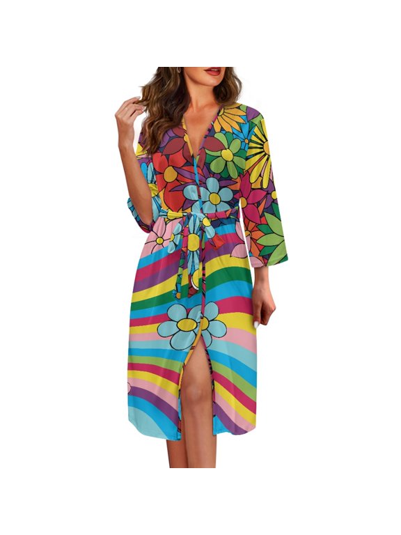 Elastic Cloth Long Sleeve Nightgown Robes for after Shower Winter Home, Soft V-Neck Sleepwear, Rainbow Floral Pattern
