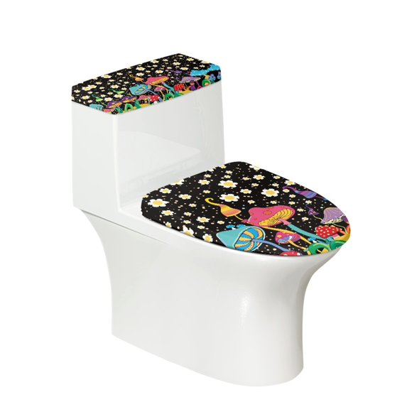 HELLHERO Elastic Edge Toilet Lid Cover 17 × 21 Inch 2 Piece Set Durable Mushroom Daisy