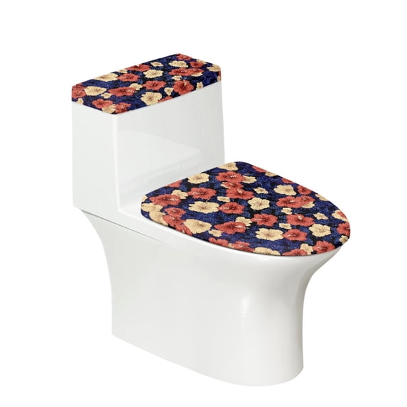 HELLHERO Elastic Fabric Toilet Seat Covers Set for Gift, Soft Stays in Place Elastic Installation, Washable and Reusable, U-Shaped, Red Blooms on Navy