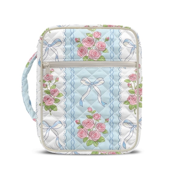 HELLHERO Elastic Polyester Bible Cover Case with Portable, Rose Ribbon Large Capacity Zippered Pocket Quilted Bible Cover for Estudio