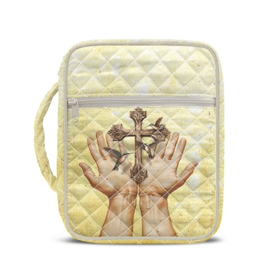 HELLHERO Elastic Polyester Book Protector Case with Portable Handle, Praying Hands Cross Print Zipper Pocket Zippered Pockets Bible Cover Case for School