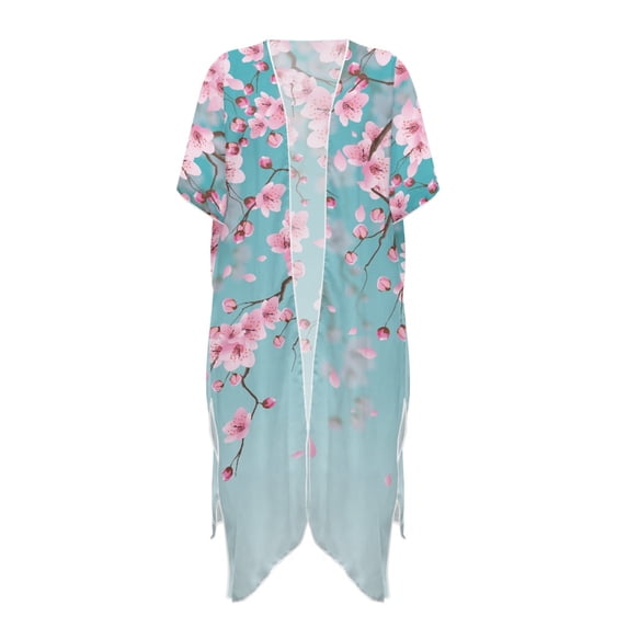 HELLHERO Elegant Pink Cherry Blossom Kimono Cover Up - Lightweight Breathable Beachwear for Summer Vacation, Pool & Resort