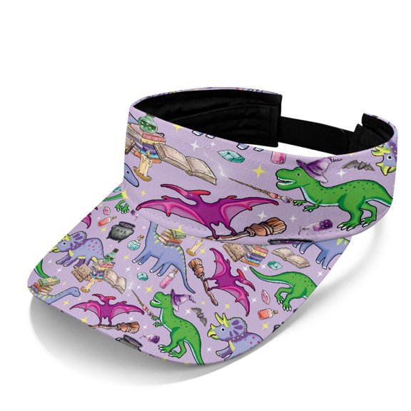 HELLHERO Empty Top Design Polyester Fabric Empty Top Visor for Sports Running, Adjustable Breathable Open Top Sun Visor Cap, Cartoon Magic Dinosaur Pattern